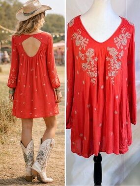 Free People Sweet Tennessee,Embroiderd Open Back Boho Tunic/Dress Pockets S💛🎀